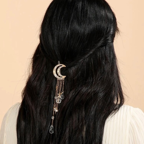 Accessories - Women’s Moon Crystal Rhinestone Beads Dangle Tassel Hairpin Hair Clip Pin